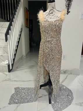 Gold Sequin Evening Dress with Feather Straps Size XL